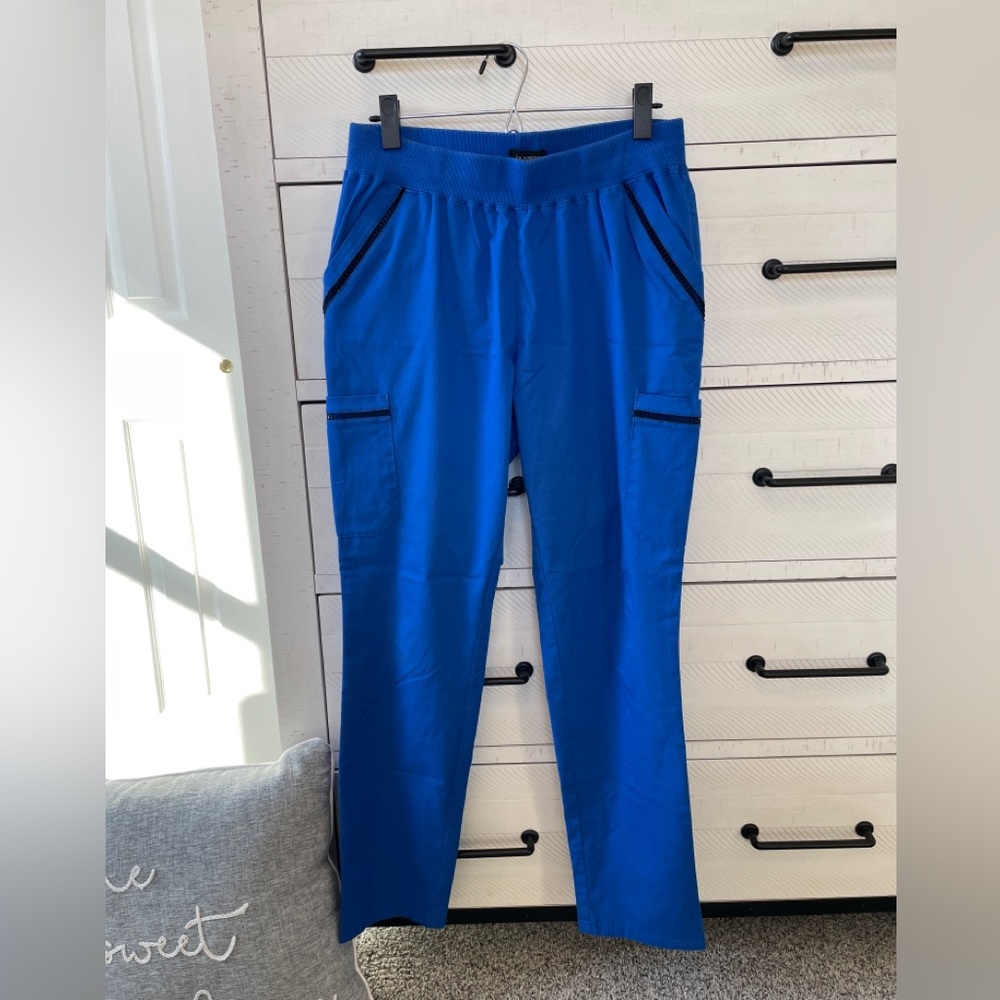 Jaanuu ladder lace straight leg scrub pants in royal blue, sz Med